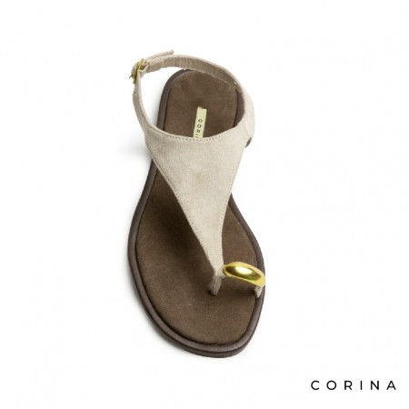 Sandalia plana taupe antelina con anillo metálico