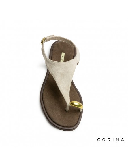 Sandalia plana taupe antelina con anillo metálico