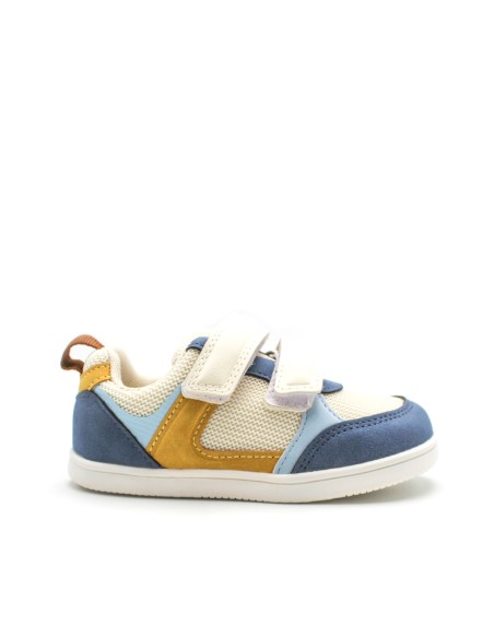 bambas barefoot niño azul mostaza lateral