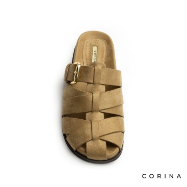 sandalia camel con hebilla mujer