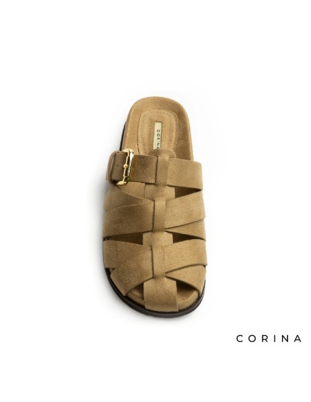 sandalia camel con hebilla mujer