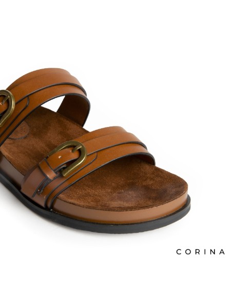 sandalias planas camel mujer