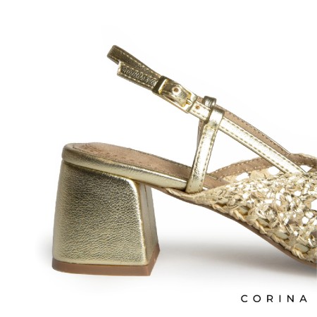 Zapato dorado tacon ancho mujer