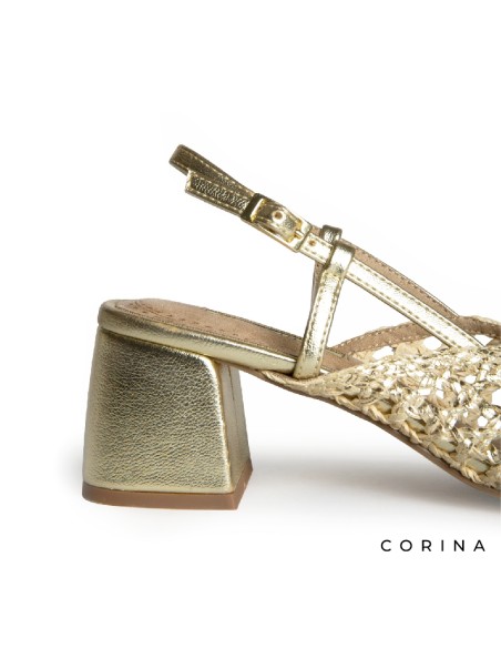 Zapato dorado tacon ancho mujer