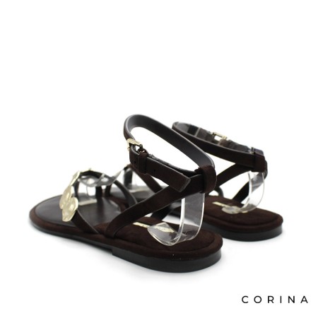 sandalia plana marron con monedas doradas