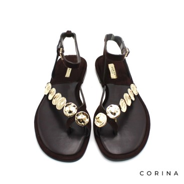 sandalias planas mujer marron chapas doradas