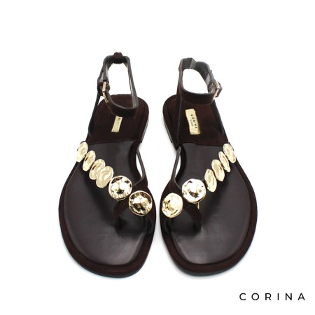 sandalias planas mujer marron chapas doradas