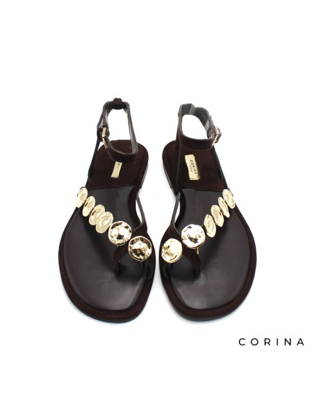 sandalias planas mujer marron chapas doradas