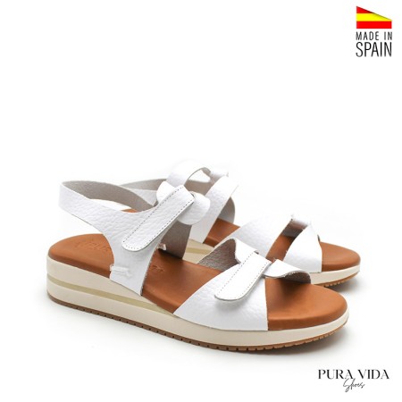 sandalias blancas con cuña piel mujer velcro