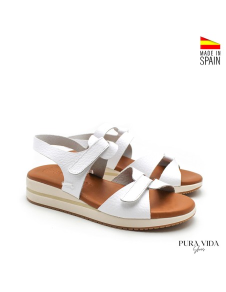 sandalias blancas con cuña piel mujer velcro