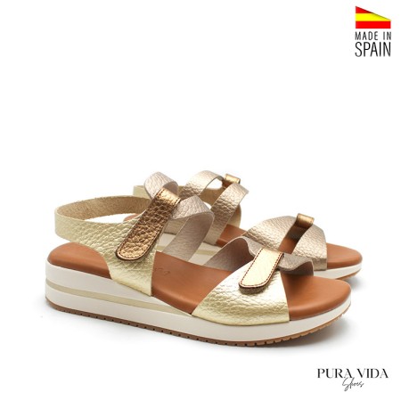 sandalia dorada mujer velcro cuña confort