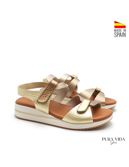sandalia dorada mujer velcro cuña confort