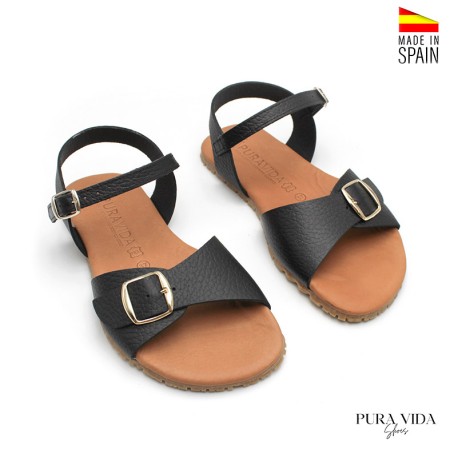 sandalias barefoot mujer negras piel hebillas