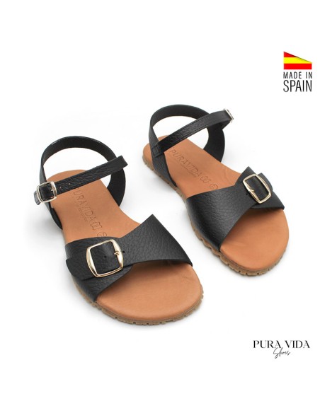 sandalias barefoot mujer negras piel hebillas
