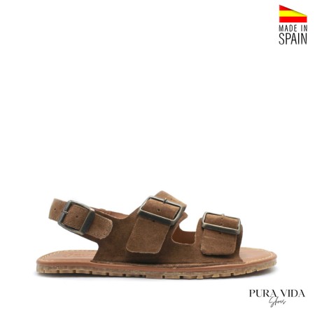 sandalias planas anchas mujer marrón piel serraje