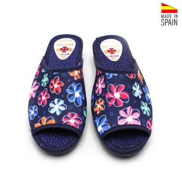 zapatilla casa mujer abierta azul marino floral