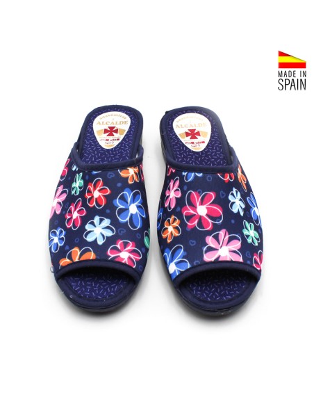 zapatilla casa mujer abierta azul marino floral