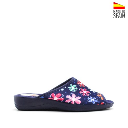 zapatilla andar por casa mujer azul marino flores