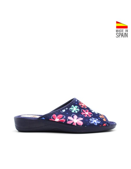 zapatilla andar por casa mujer azul marino flores