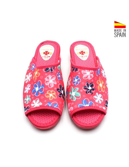 zapatilla mujer verano abierta floral fucsia