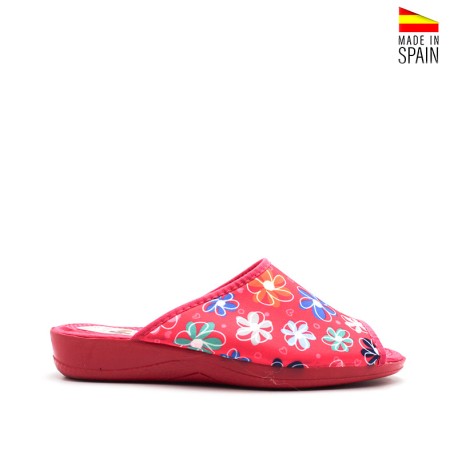 Zapatilla casa fucsia flores con cuña