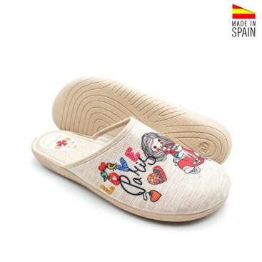 zapatillas hogar mujer verano beige dibujo París