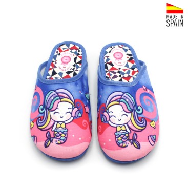 zapatillas casa niña azul con dibujo de sirena vista frontal