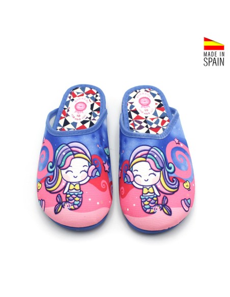 zapatillas casa niña azul con dibujo de sirena vista frontal