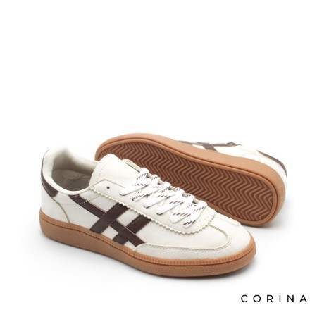 Zapatilla beige mujer con detalles marrones