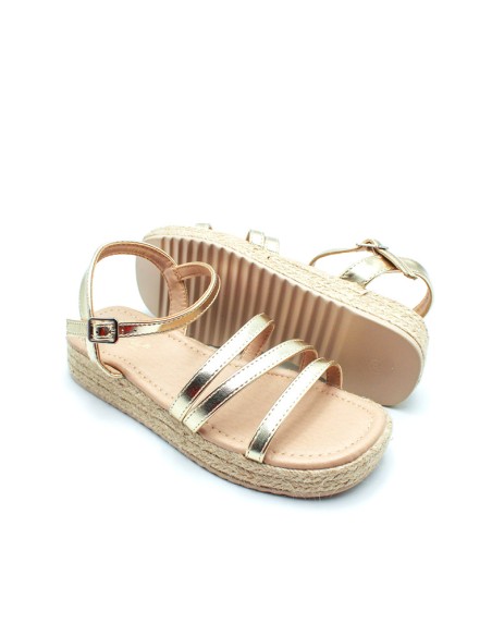 sandalia niña dorada con cuña y plataforma esparto
