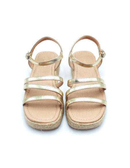 sandalia niña dorada cuña con tiras finas y plataforma esparto