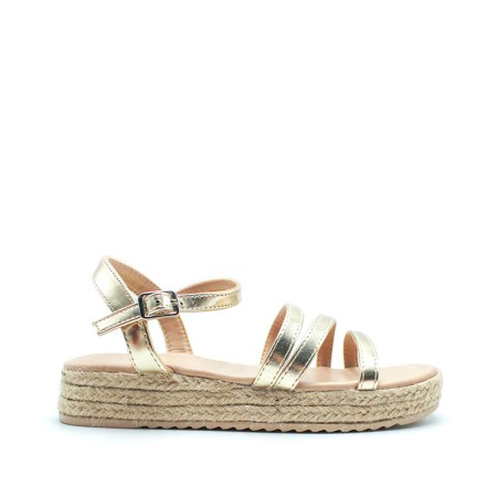 sandalia dorada niña cuña con plataforma de esparto lateral