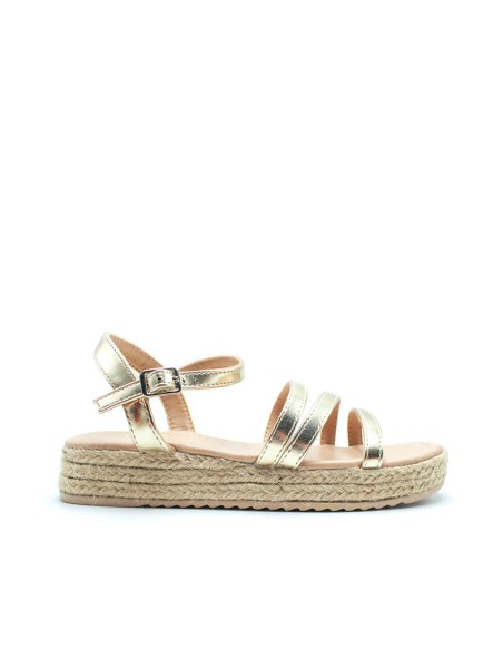 sandalia dorada niña cuña con plataforma de esparto lateral