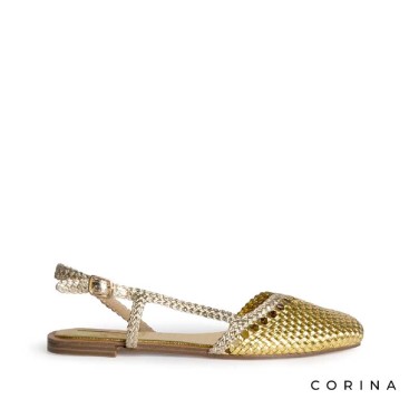 zapato plano dorado mujer trenzado con hebilla lateral