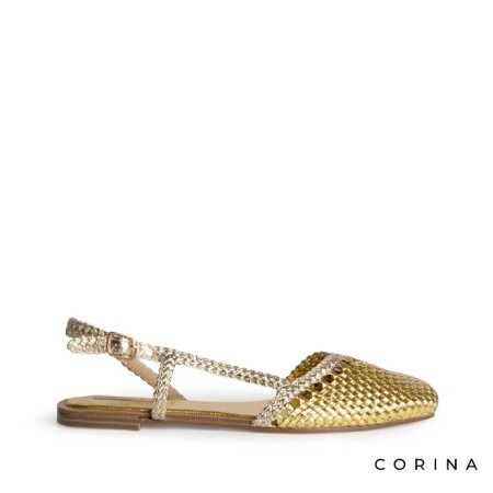 zapato plano dorado mujer trenzado con hebilla lateral