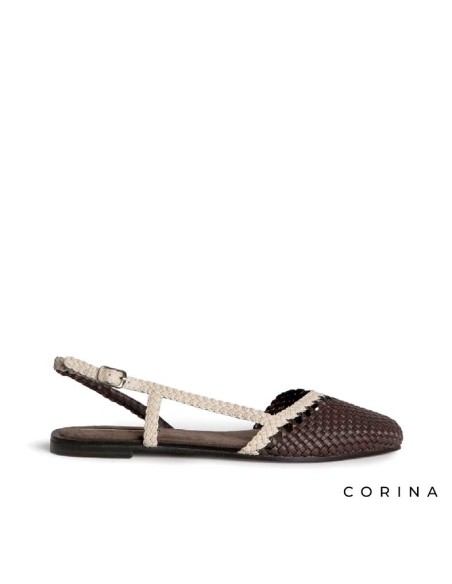 zapato plano mujer marrón trenzado con hebilla lateral