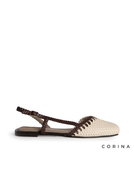 zapato plano mujer beige trenzado con tiras marrones