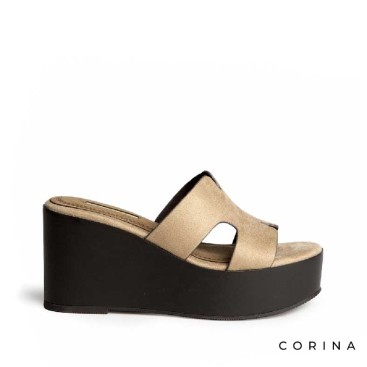 sandalias cuña alta mujer color arena pala en H