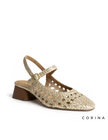 zapatos mujer dorados destalonados con tacon bajo