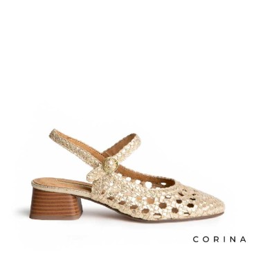 zapatos dorados tacon bajo mujer diseño trenzado