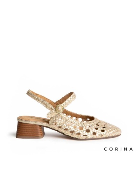 zapatos dorados tacon bajo mujer diseño trenzado