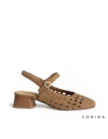 zapatos mujer cómodos tacón bajo trenzados camel