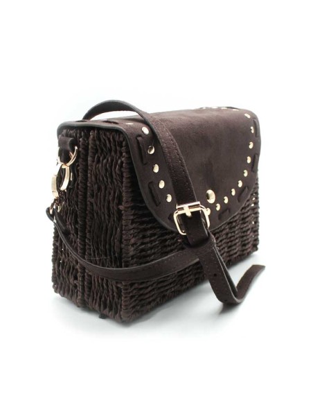 bolso bandolera mujer marron textura mimbre vista lateral