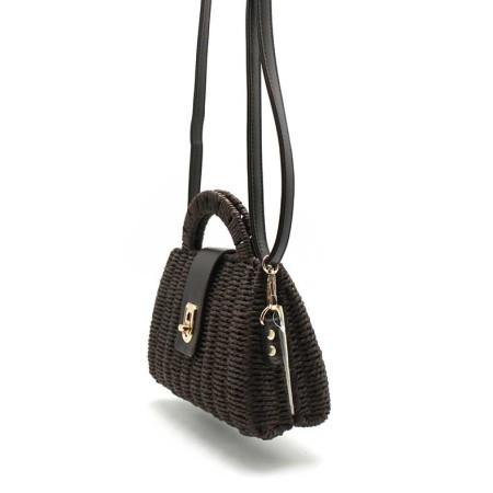 bolso marron chocolate rigido con cierre dorado detalle lateral