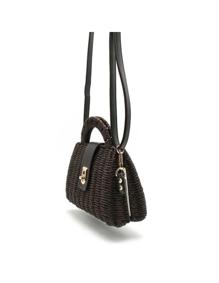 bolso marron chocolate rigido con cierre dorado detalle lateral