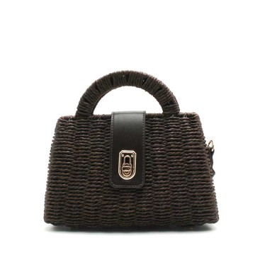 bolso rigido mimbre marron chocolate asa superior frontal