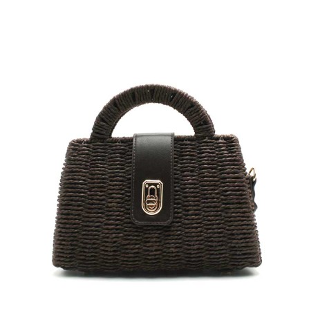 bolso rigido mimbre marron chocolate asa superior frontal