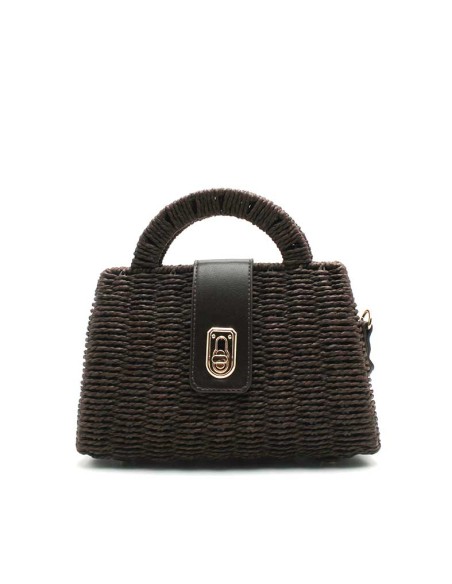 bolso rigido mimbre marron chocolate asa superior frontal