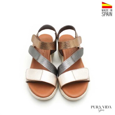 sandalias cuña mujer velcro piel metalizada