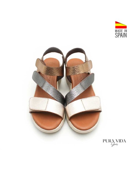 sandalias cuña mujer velcro piel metalizada
